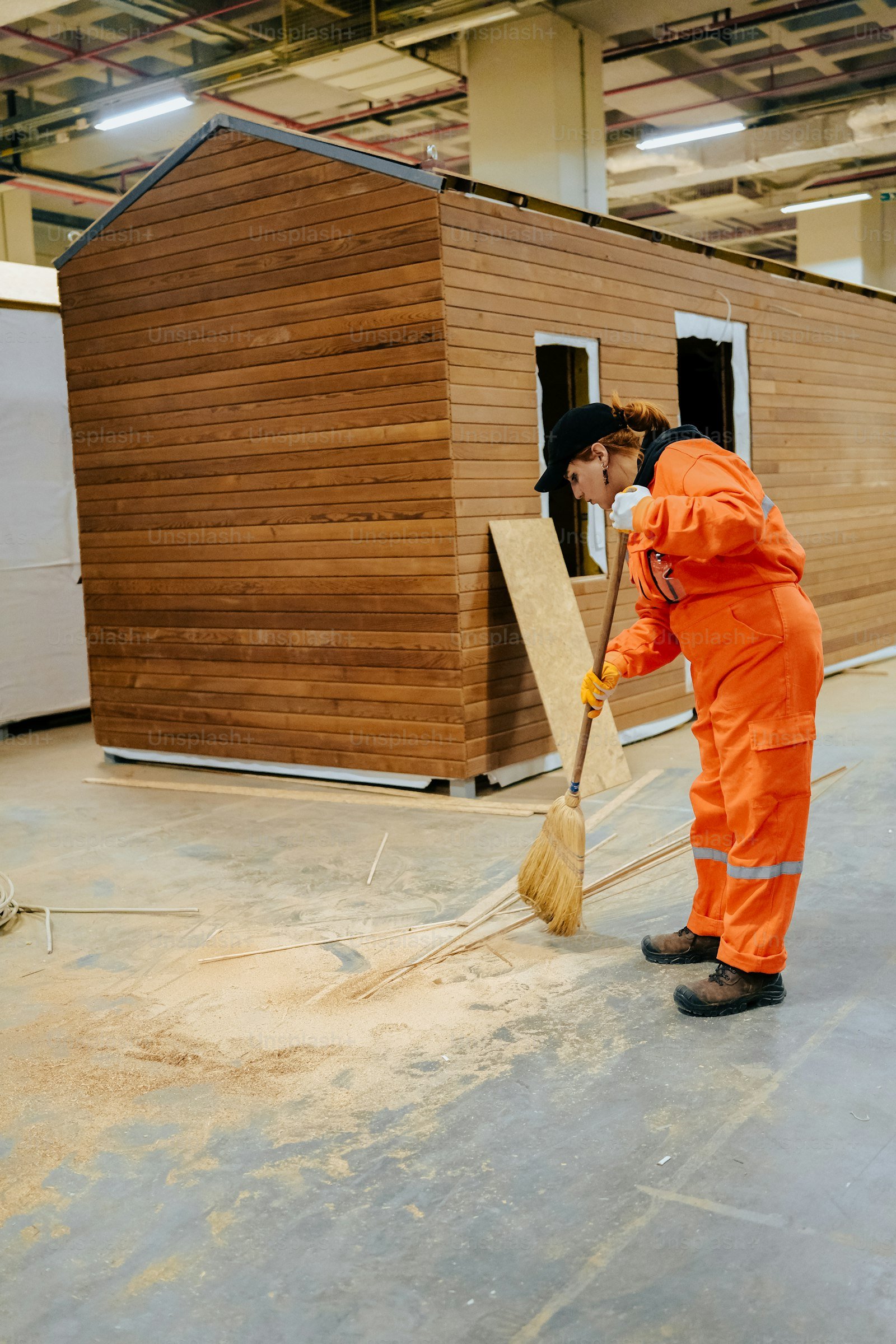 Construction worker sweeping interior slab